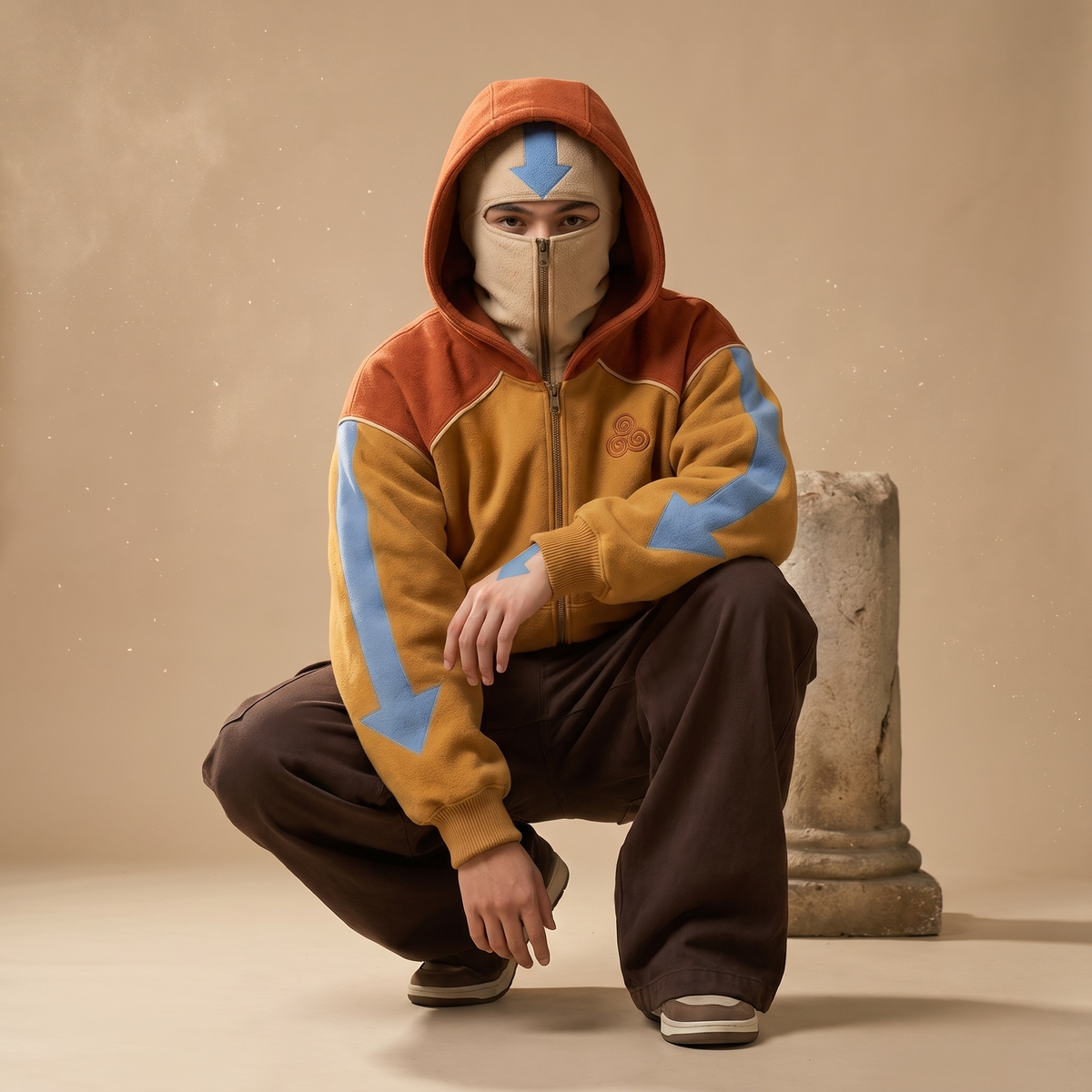 Model crouching, balaclava zipped to the eyes