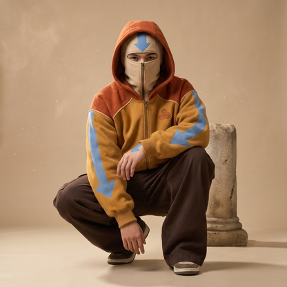 Model crouching, balaclava zipped to the eyes